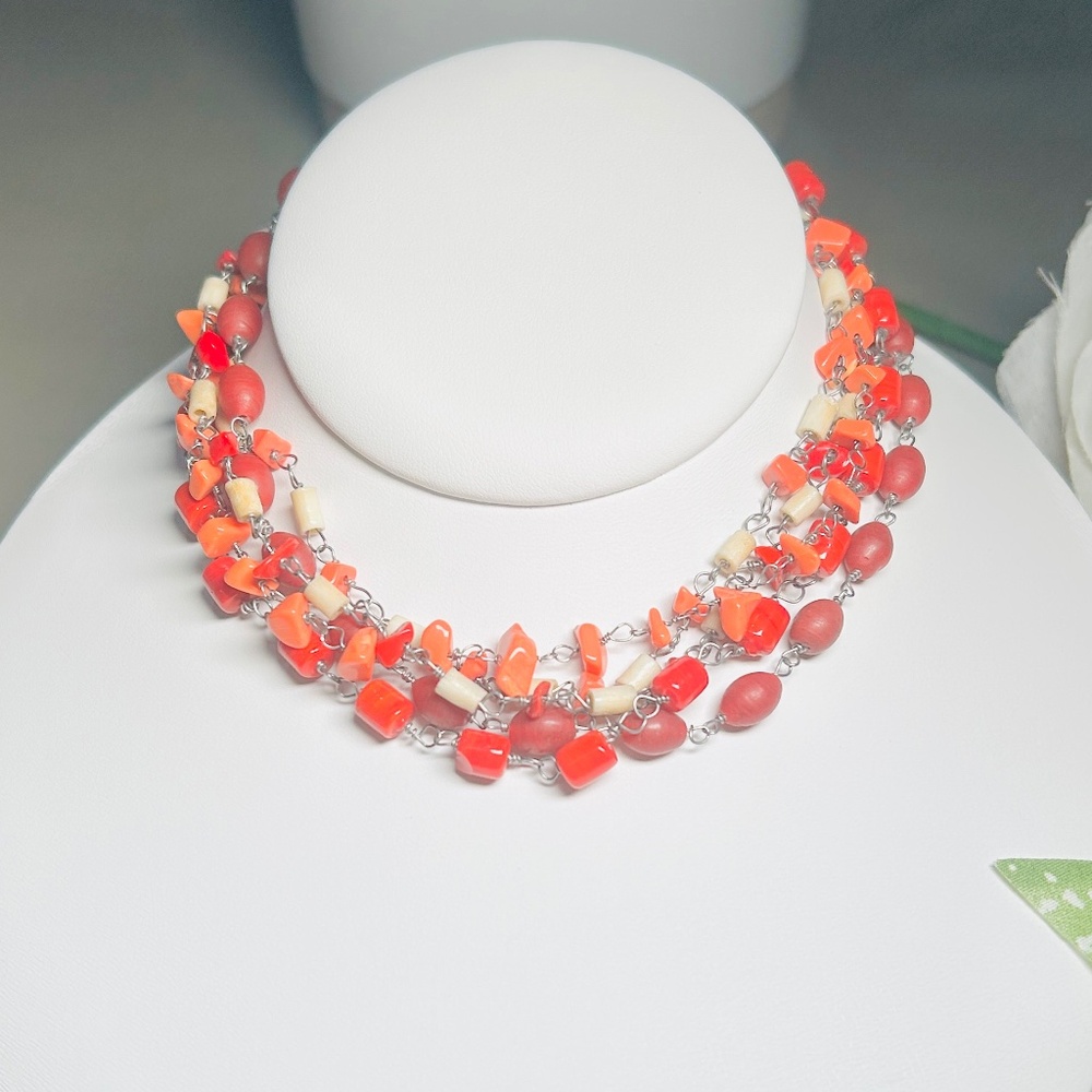 Vintage Coral, Glass, Acrylic Beaded Multi-strand Leather Cord Necklace